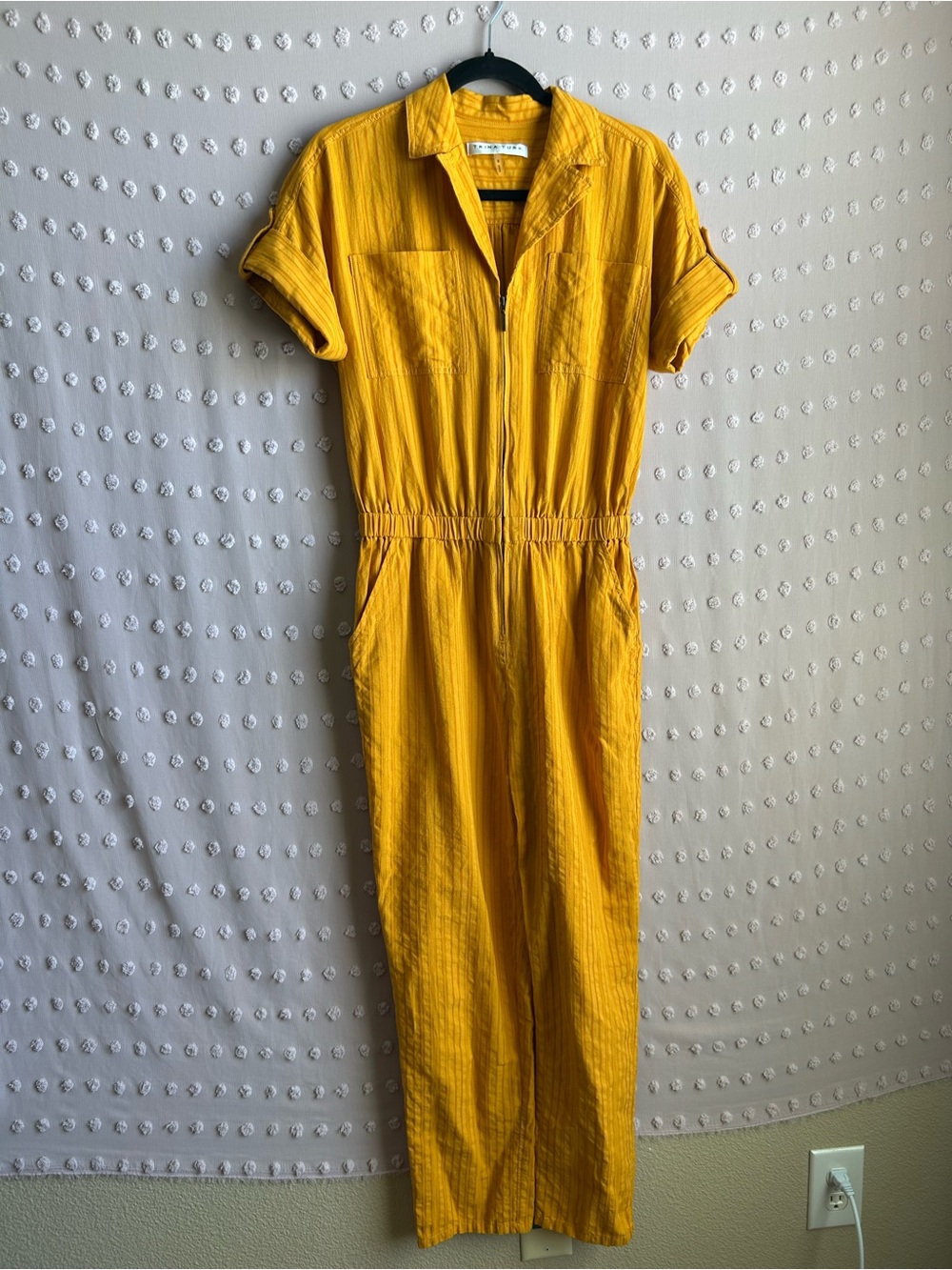 Trina Turk Cotton Blend Striped Textured Short Sleeve Jumpsuit Sz S Mustard